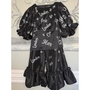 For Her NYC Black Rhinestone London Paris Puff Sleeve Top Ruffle Pants Set M EUC